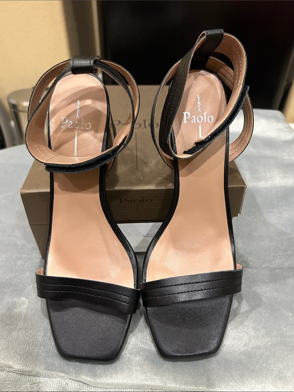 Paolo Black Square-Toe Ankle Strap Block Heel Sandals